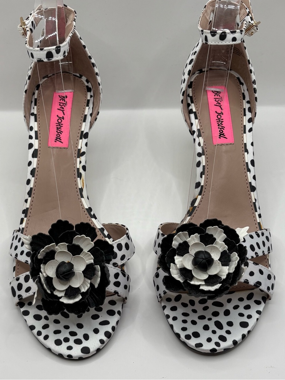 Betsey Johnson White & Black Polka Dot Floral Ankle Strap Heels